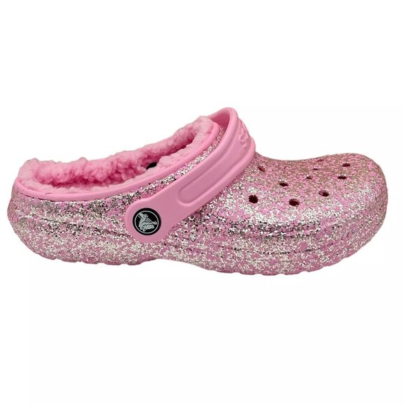 Crocs Youth Girls Slip-on Lined Clogs Sz 3 (J3) Pink Glitter Faux Fur Fuzzy Warm - Picture 3 of 14